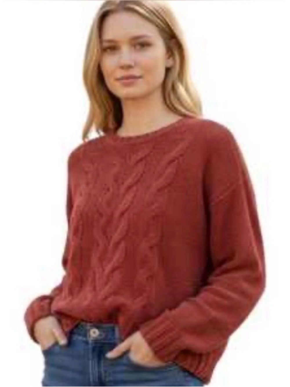 American Eagle Rusty Red Soft Casual Chunky Cable Knit Crewneck Sweater Sz M